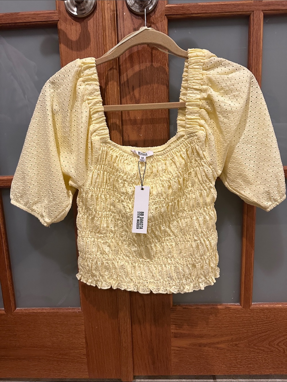 BB Dakota Yellow Smocked Eyelet Puff Sleeve Crop Top